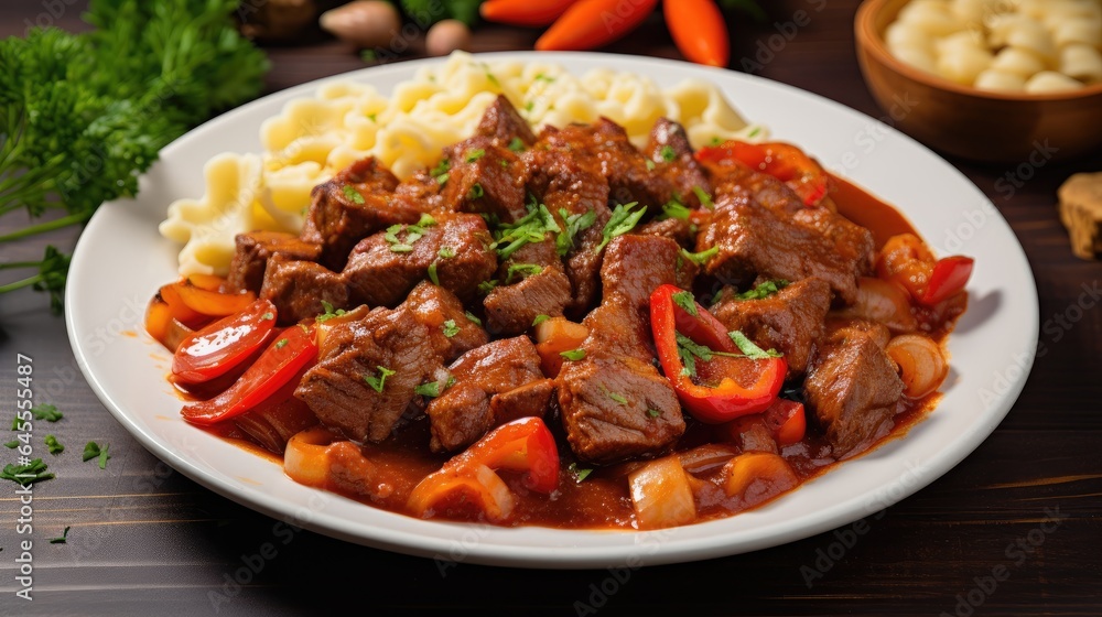 Goulash dish, hearty stew of tender meat, onions, paprika, and veggies, served with potatoes. A Hungarian comfort dish, generative ai Goulash dish, hearty stew of tender meat, onions, paprika, and veggies, served with potatoes. A Hungarian comfort dish, generative ai