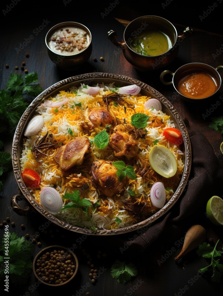 Biryani dish, Indian feast, aromatic rice cooked with spices, generative ai