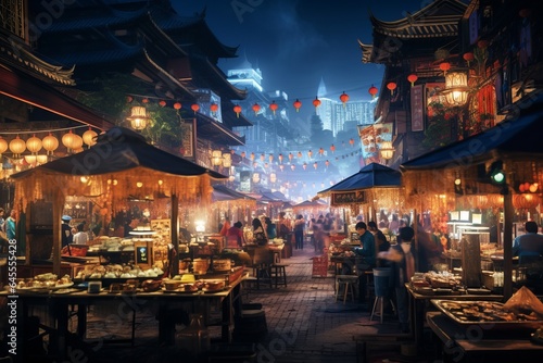 Vibrant and bustling night market street in China