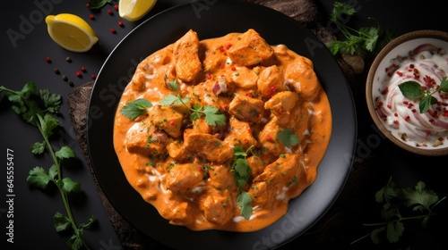 Tikka Masala dish top-down view, Indian cuisine, marinated chicken chunks cooked in a creamy tomato-based sauce. generative ai