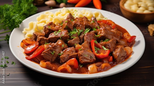 Goulash dish, hearty stew of tender meat, onions, paprika, and veggies, served with potatoes. A Hungarian comfort dish, generative ai