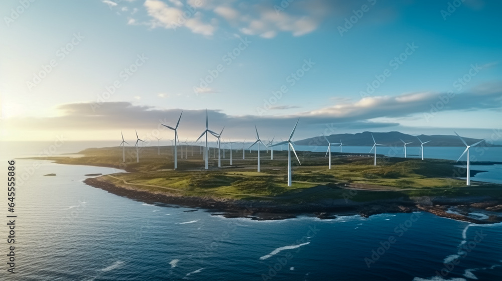 Aerial view wind turbine electrical energy farm next to the beautiful sea landscape. Sustainable power production industrial alternative energy resource concept. Generative AI