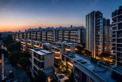 view of the city ,Flat roof with air conditioners on top modern apartment house building exterior mixed-use urban multi-family residential district area development. 