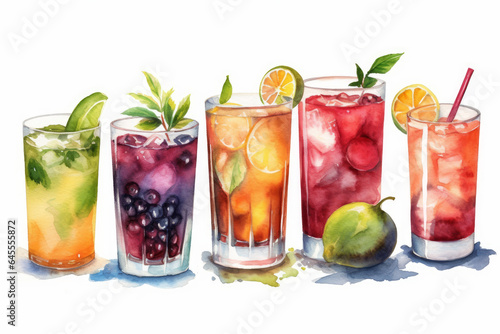 Watercolor Painting of Different Type of Cocktails, art, vibrant, artistic, brushstrokes, visual, cocktail enthusiasts, decoration, bar, cocktail menus, artwork, elegance, creativity.