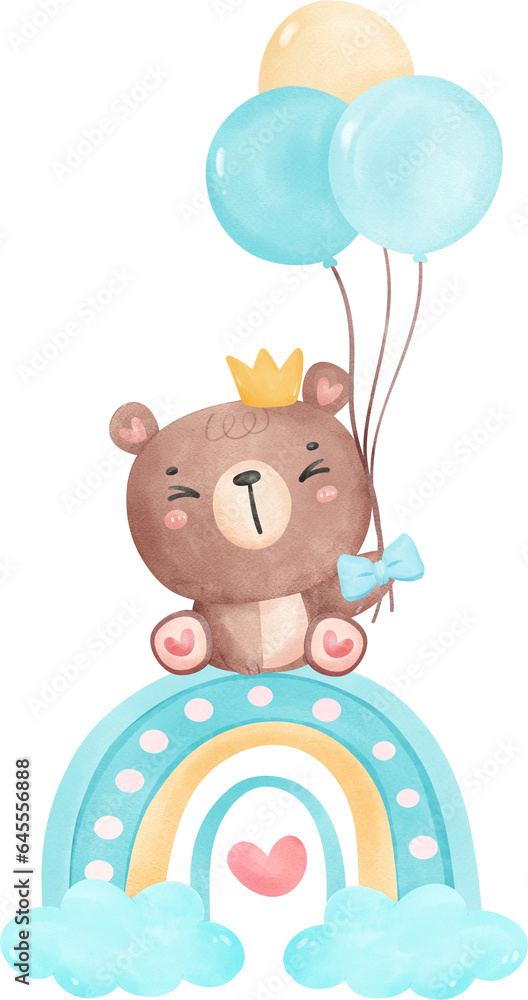 Cute baby shower bear watercolor, teddy on rainbow