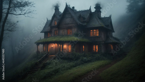 Halloween misty haunted mansion house
