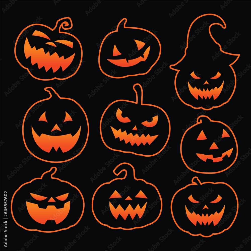 Collection of Halloween pumpkins carved faces silhouettes. Black isolated halloween pumpkin face patterns on orange. Scary and funny faces of Halloween pumpkin or ghost. Vector illustration Collection of Halloween pumpkins carved faces silhouettes. Black isolated halloween pumpkin face patterns on orange. Scary and funny faces of Halloween pumpkin or ghost. Vector illustration