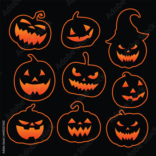 Collection of Halloween pumpkins carved faces silhouettes. Black isolated halloween pumpkin face patterns on orange. Scary and funny faces of Halloween pumpkin or ghost. Vector illustration