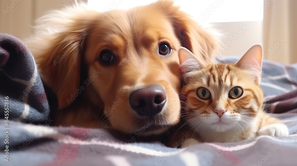 A cute dog sleeps beside a lovely cat. Pets have a strong friendship with each other.