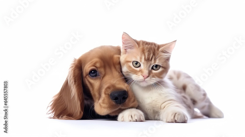 A cute dog sleeps beside a lovely cat. Pets have a strong friendship with each other.