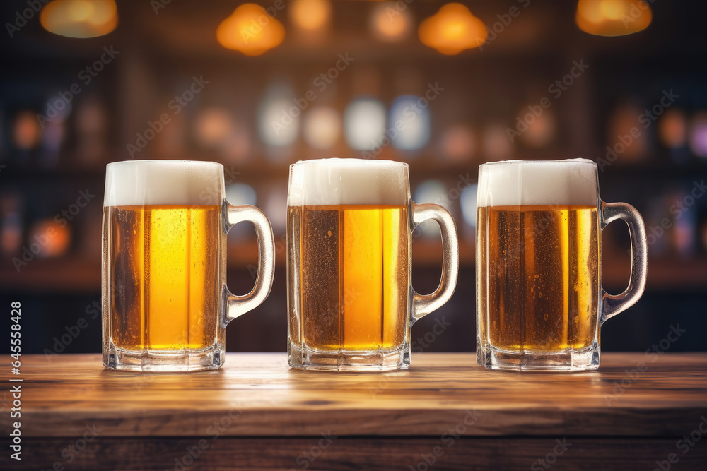 Three mugs with beer on the wooden table in a pub