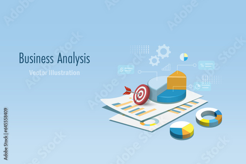Business data research, marketing analysis, solution report for successful and achievement. 3D diagram graph on business paper report. Vector.