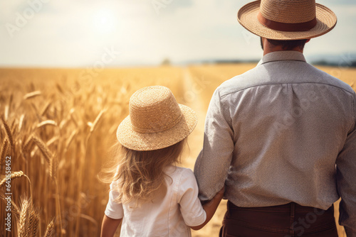 Back view of a father with his daughter in a wheat field © Aleksandr Bryliaev