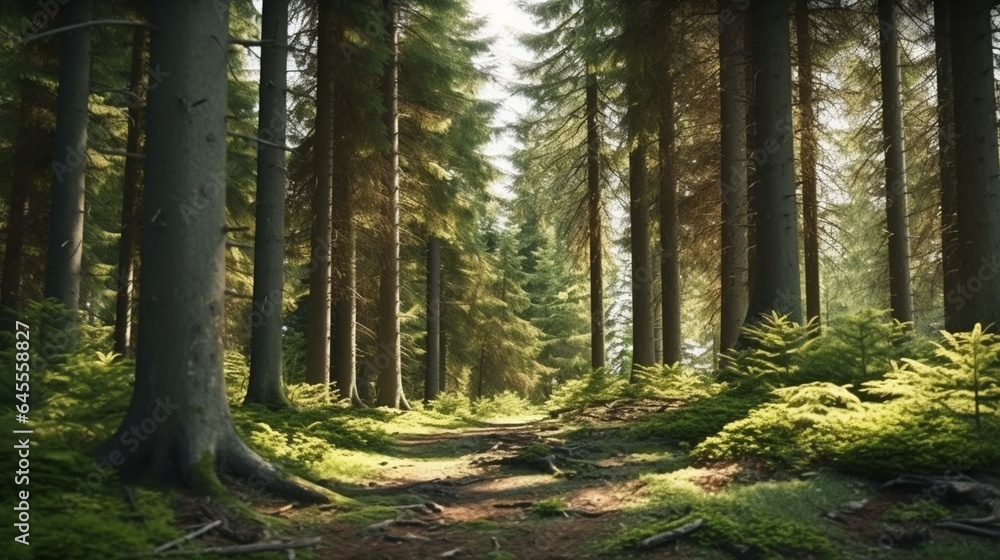 Fototapeta premium Healthy green trees in a forest of old spruce fir generative ai