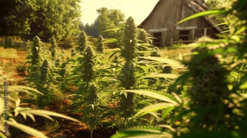 Hemp farm with young cannabis plants taking in warm generative ai