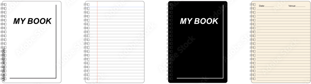 Realistic vector notebook mockup set. notepad with blank cover and spread for your design.Realistic copybook. Set of vector realistic illustrations of a torn sheet of paper from a workbook.