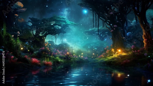Fantasy landscape magical night fairy tale forest generative ai