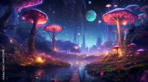Fantasy landscape magical night fairy tale forest generative ai © Abonti