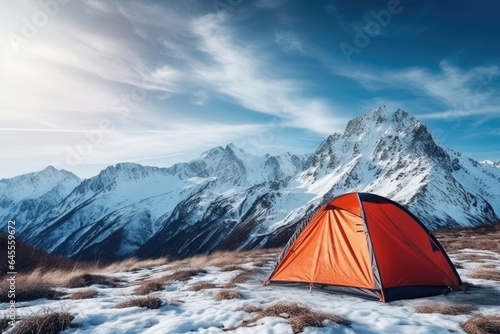 Tent standing high in mountains on the ground covered with snow