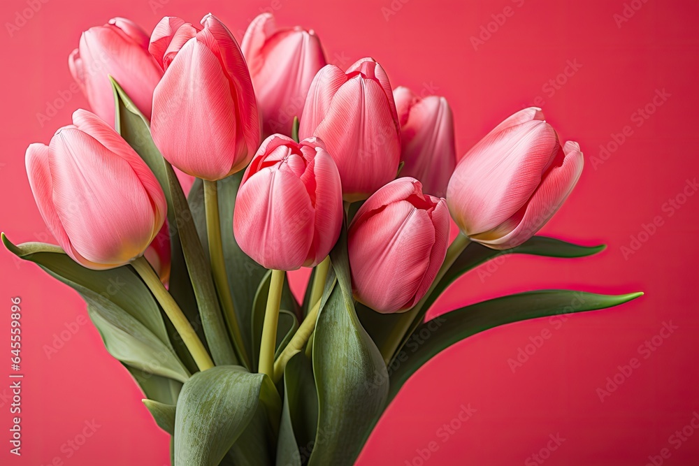Fototapeta premium tulips on pink background, copy space