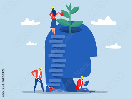 businesswoman Watering plants with big brain growth mindset concept vector