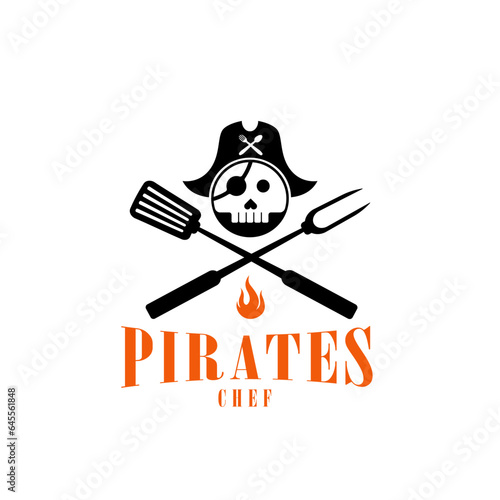 Pirates Chef , The pirate with spatula and meat fork logo design idea for restaurant, bar, barbeque,