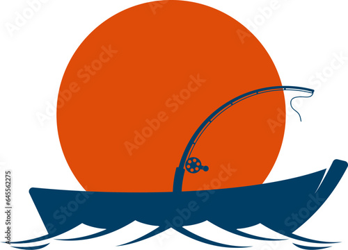 Fishing boat with fishing rod and sun