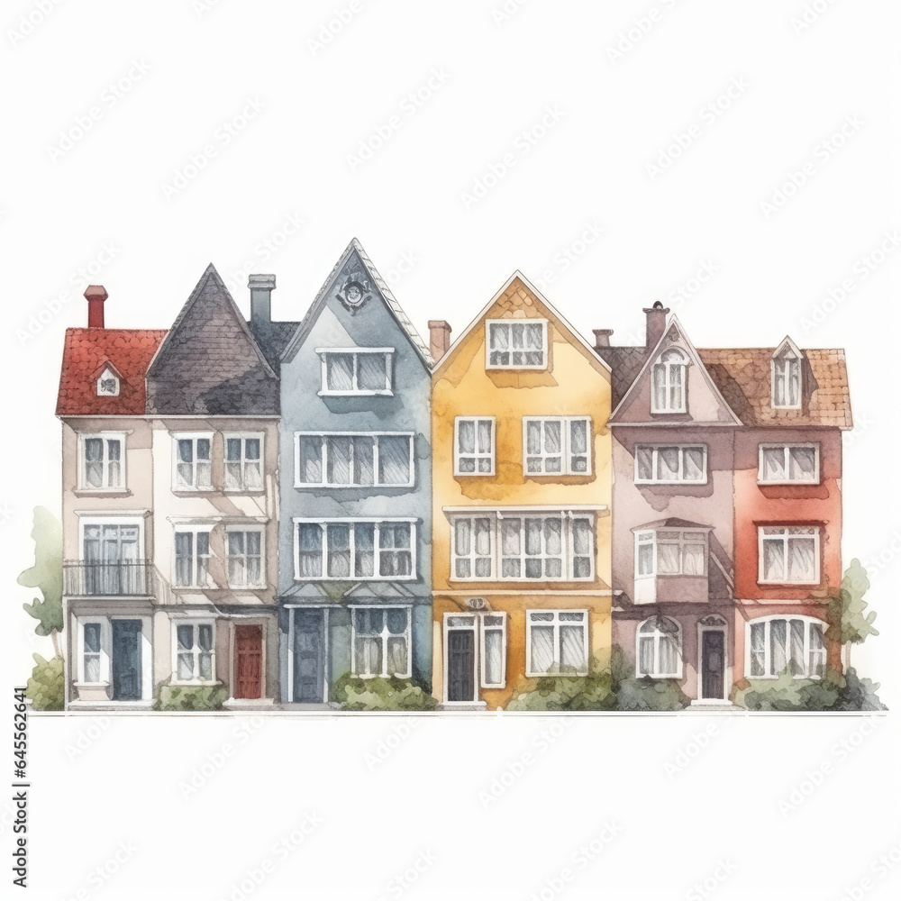 Row of Cute Colorful Houses Illustration - Watercolor Style