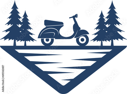 Triangle shape with scooter and pine and water