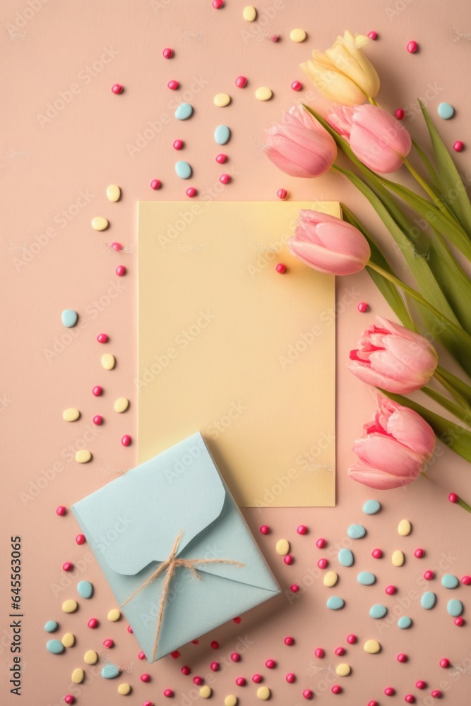 Mother's Day celebration concept. Top view vertical photo of pink tulips small blue present box envelope postcard and heart shaped sprinkles on isolated pastel beige background, Generative AI