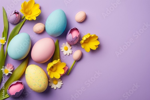 Easter celebration concept. Top view photo of blue yellow pink easter eggs spring flowers yellow and pink tulips on isolated pastel purple background with blank, Generative AI