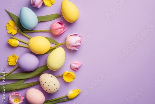 Easter celebration concept. Top view photo of blue yellow pink easter eggs spring flowers yellow and pink tulips on isolated pastel purple background with blank, Generative AI