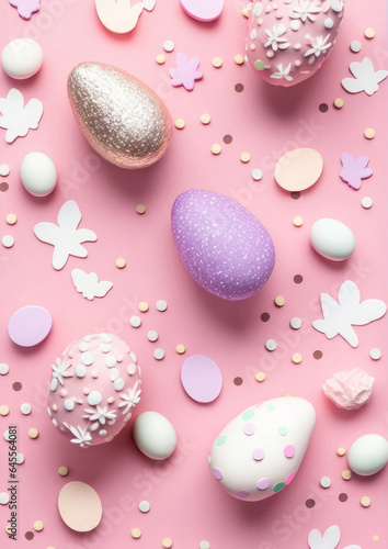 Top view vertical photo of easter decorations shiny confetti easter bunnies lilac pink and white easter eggs on isolated pastel pink background with empty  Generative AI