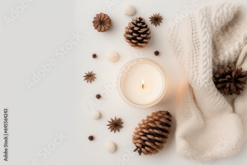 Top view photo of winter composition lighted candles white knitted sweater pine cones and anise on isolated white background with copyspace, Generative AI