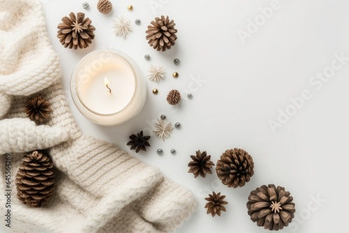 Top view photo of winter composition lighted candles white knitted sweater pinecones and anise on isolated white background with copyspace, Generative AI