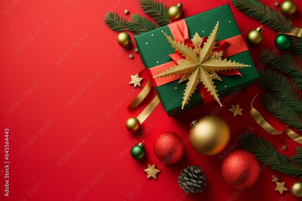 Christmas concept. Top view photo of pine branch decorated with green gold and red baubles star ornament big giftbox with ribbon bow and confetti on isolated red background with, Generative AI