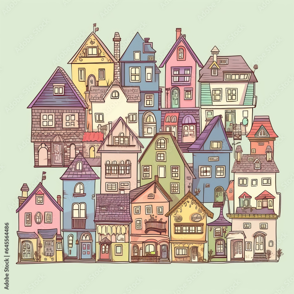 Whimsical town, houses illustration, imaginative, vibrant, charming, children's books, fantasy-themed, artistic, creativity, enchantment