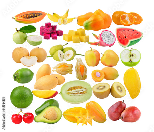 Fototapeta Naklejka Na Ścianę i Meble -  papaya; banana; Tangerine; guava; dragon fruit; mango; pear; watermelon; physalis; marian plum; melon; kiwi; starfruit; betel nut on transparent png