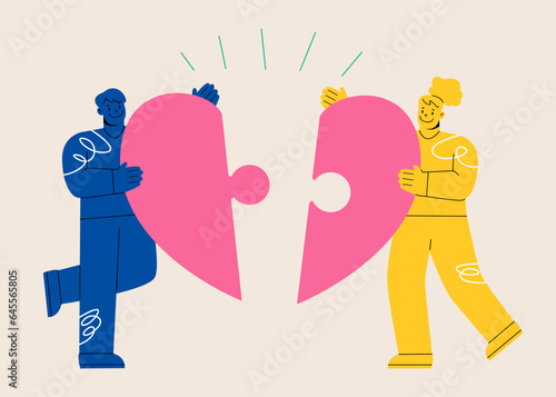 Man and woman holding pieces of heart that is matching. Love couple match. Valentine's day. Colorful vector illustration