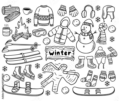 Winter elements hand drawn. A set of winter vector illustrations in doodle line art