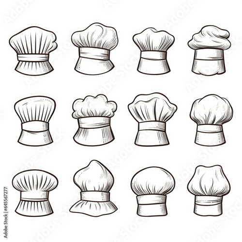 Cook chef hats. Cooker cap set, culinary head clothes for kitchen hand drawn illustration