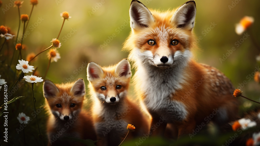 Mother fox with her cubs surrounded by flowers Mother fox with her cubs surrounded by flowers