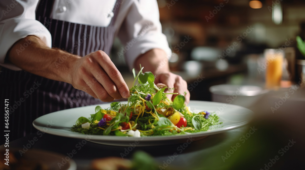Cropped photo Close-up hands of male cook adding greens finishing dish, decorating meal in the end. gastronomy, food, nutrition, cafe concept