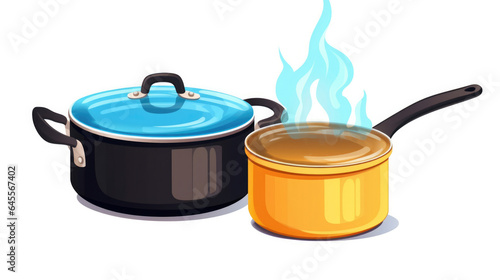 Cooking pot and pan. Boiled water in pots, pasta in saucepan and scrambled eggs in dripping pan, vector illustration for kitchen cook