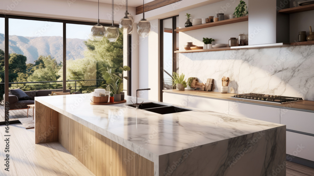 Front view of white granite kitchen countertop island for montage product display on modern Scandinavian kitchen space. - obrazy, fototapety, plakaty 