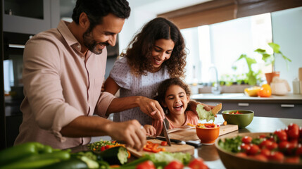 Happy Hispanic family having fun cooking together in modern kitchen - Food and parents unity concept