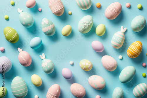 Top view photo of easter decorations inscriptions happy easter multicolored eggs and bunny silhouettes on isolated pastel blue background, Generative AI