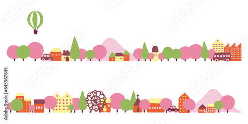 カラフルな手描きの街並みのイラスト(春の風景）