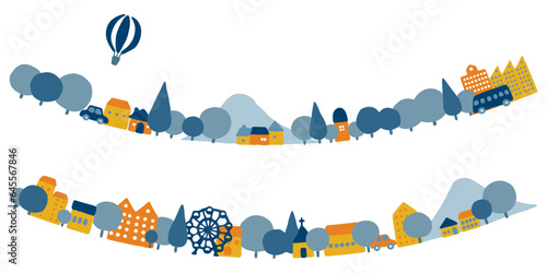 カラフルな手描きの街並みのイラスト(冬の風景、カーブ）