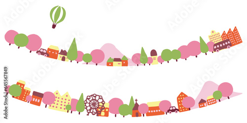 カラフルな手描きの街並みのイラスト(春の風景、カーブ）